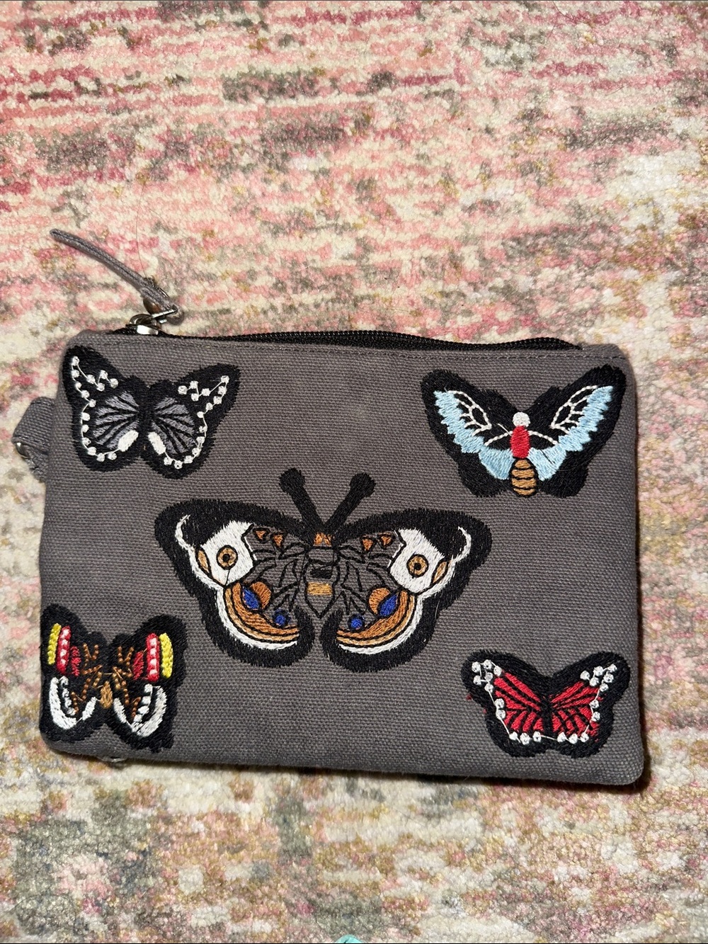 grey butterfly clutch wristlet canvas zipper pouch embroidered